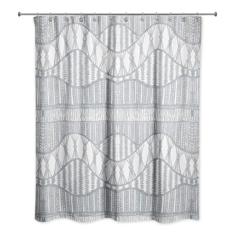 Fabric Shower Curtain Dusty Blue Geometric Lace Print Wavy Bands Boho