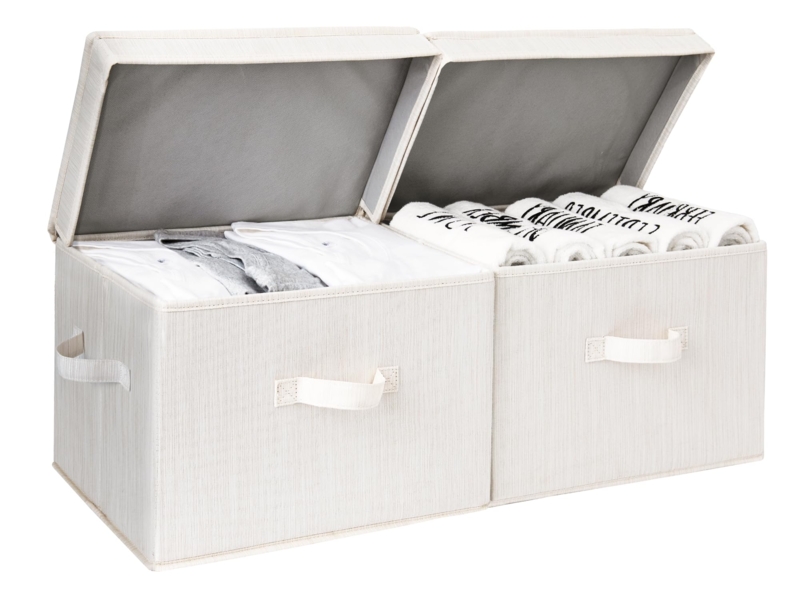 Fabric Storage Bin Set with Hinged Lids in Warm Beige