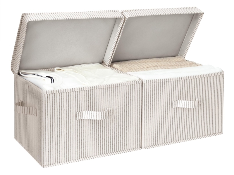 Fabric Storage Bin with Attached Lid and Vertical Stripes