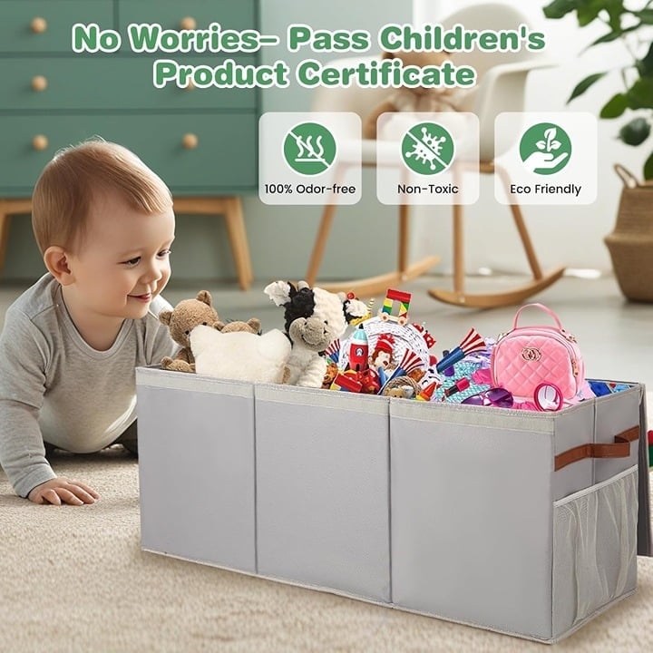 Fabric Toy Chest Heather Grey Mesh Side Pocket Triple Compartment
