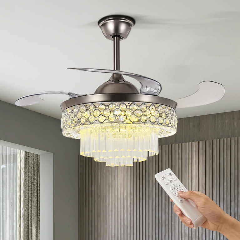 Fandelier, Invisible Fan, Satin Silver, Tiered Crystals, Remote