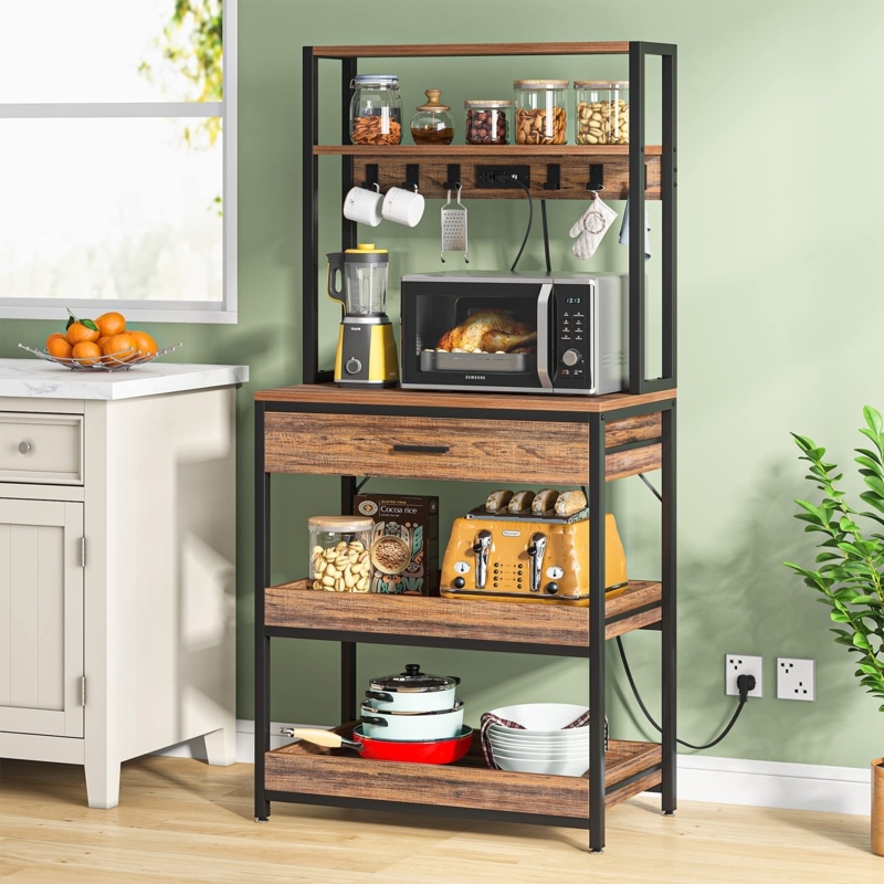 Farmhouse Bakers Rack with Power Outlet & Utility Hooks