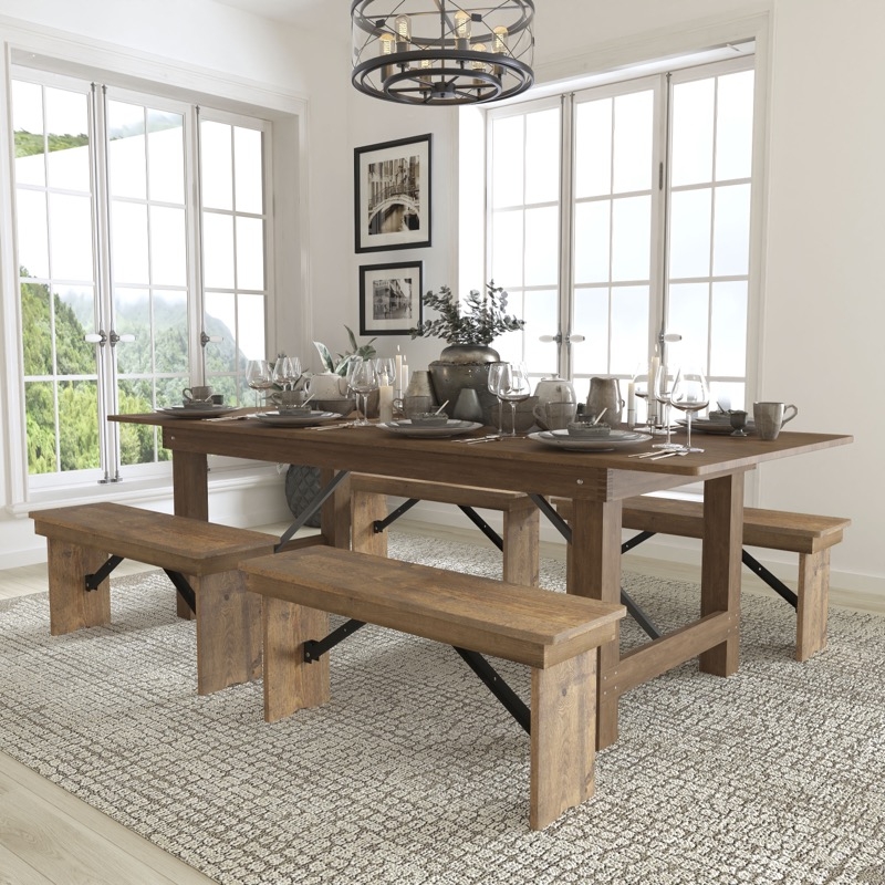 Farmhouse Dining Set Black Metal Bracing Plank Top Bench Seating
