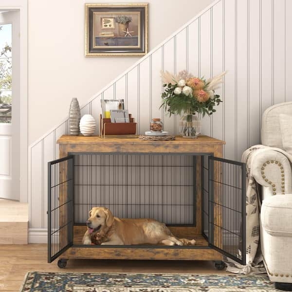 Farmhouse Dog Crate Furniture Mobile Base Mesh Panels Barn Style Doors
