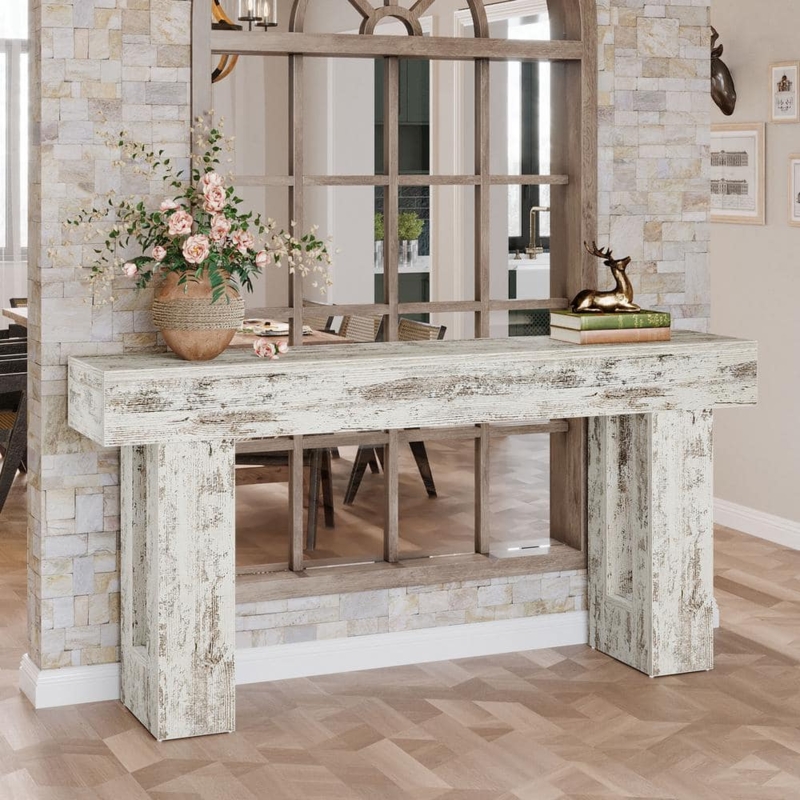 Farmhouse Double Pedestal Sofa Table with Chunky Distressed White Top