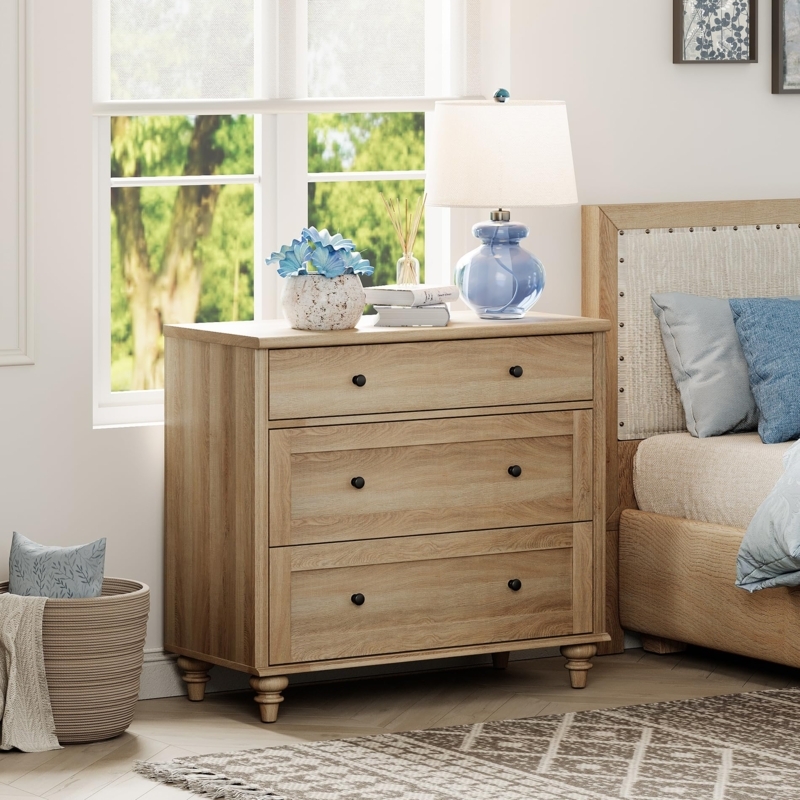 Farmhouse Dresser with Bun Feet: Light Oak Wide Nightstand
