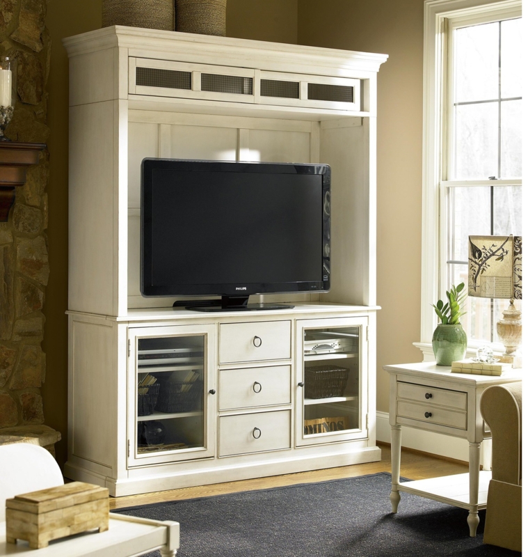 Farmhouse Entertainment Center Cotton White Finish Hutch Deck