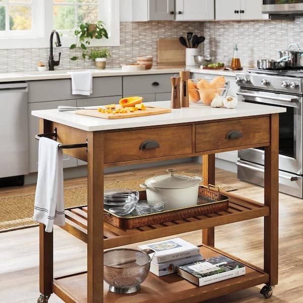 Farmhouse Kitchen Cart with Slatted Shelves and Cup Pull Handles