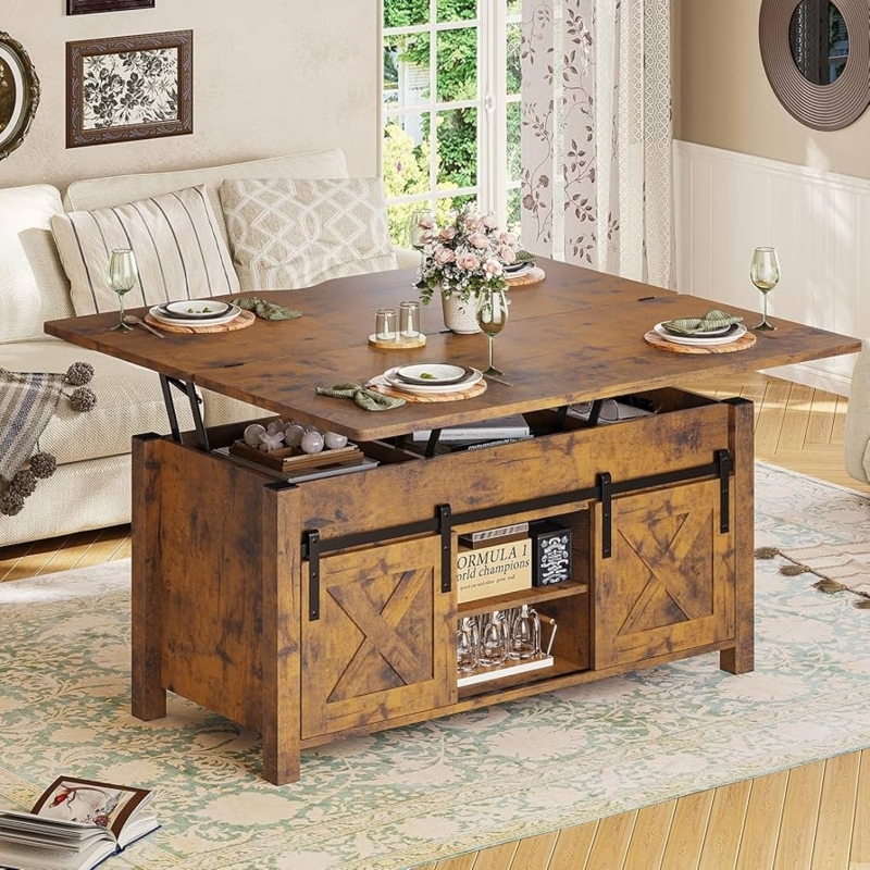 Farmhouse Lift Top Coffee Table with Sliding Barn Doors