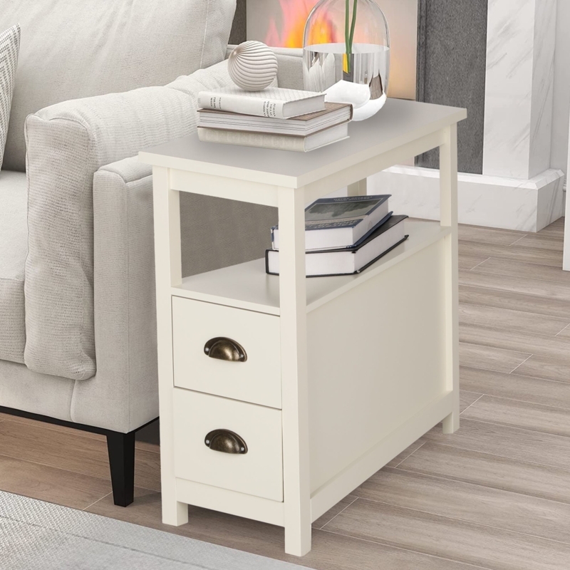 Farmhouse Narrow Side Table in Creamy White with Cup Pulls
