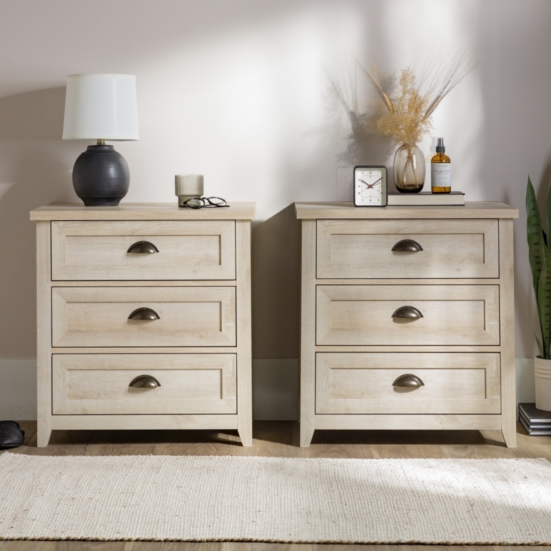 Farmhouse Nightstand Set with Cup Pulls: Light Wood Bedside Table