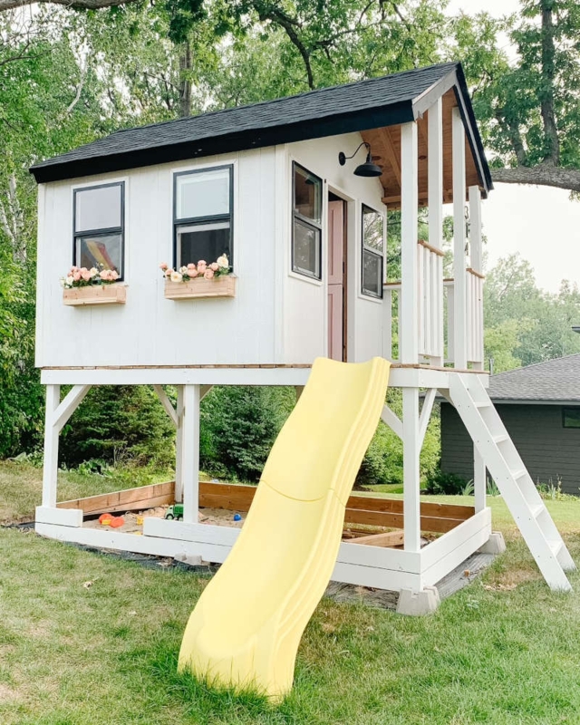 Farmhouse Playhouse with Yellow Wavy Slide & Sandbox