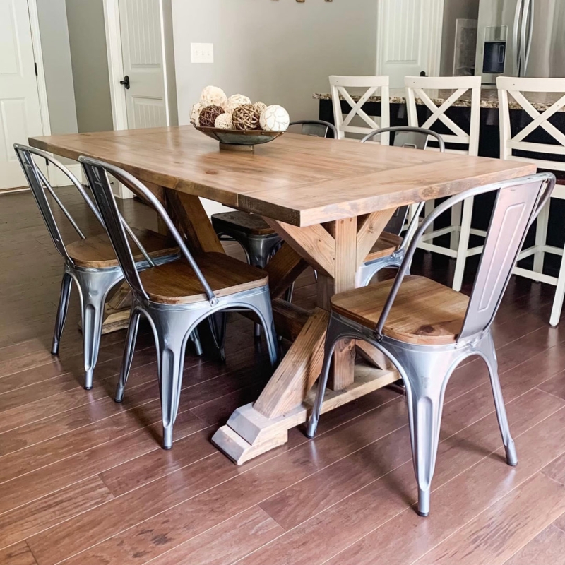 Farmhouse Table X-Frame Legs Planked Top Wood and Metal Seating
