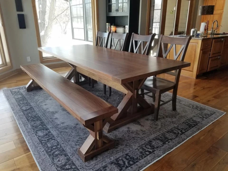 Farmhouse Trestle Dining Table Set Walnut X Back Chairs Matching Bench