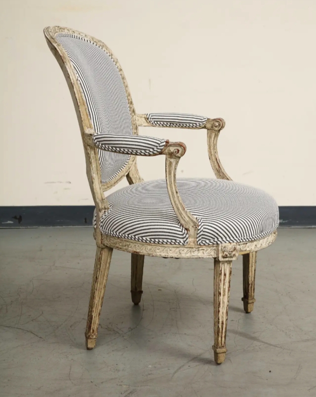 Fauteuil Armchair in Striped Linen with Distressed Antique Finish