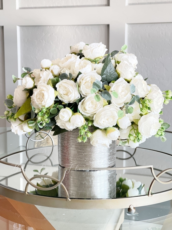 Faux Floral Arrangement: Large Dense White Roses in Textured Silver Vase