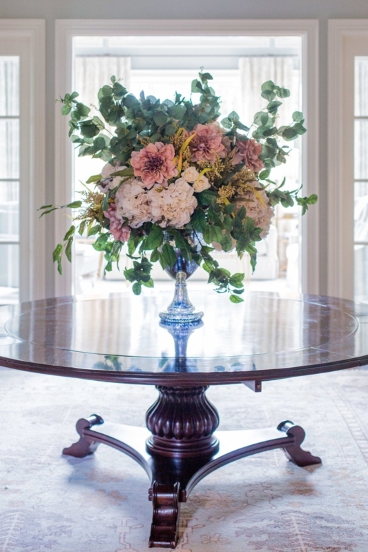 Faux Flower Centerpiece: Large Dusty Pink Florals in Mercury Glass Vase