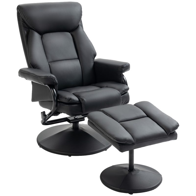 Faux Leather Swivel Recliner with Pedestal Base and Ottoman, Black