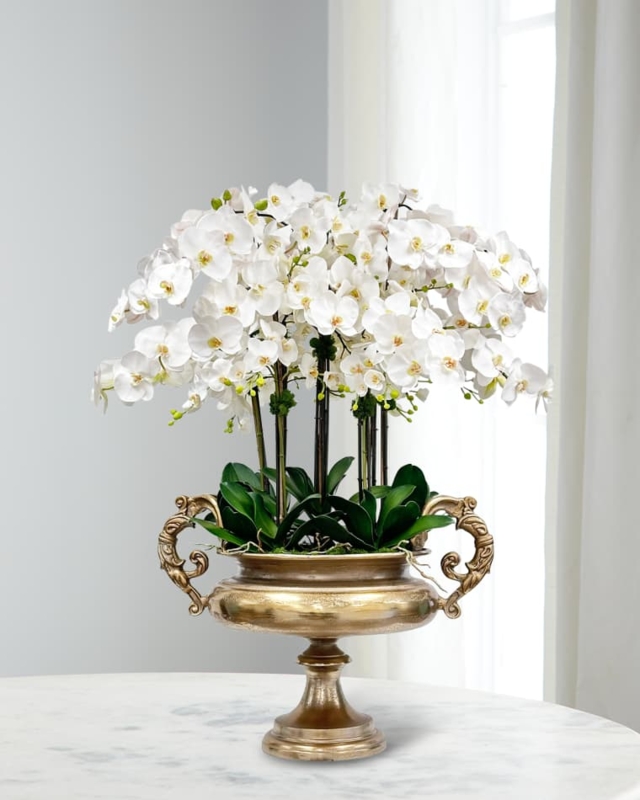 Faux Orchid Arrangement: White Phalaenopsis in Antique Gold Ornate Bowl