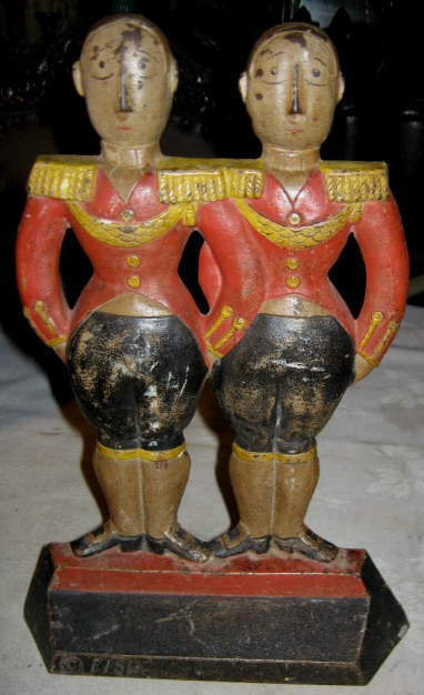 Figural Doorstop Twin Soldiers Antique Gold Distressed Metal