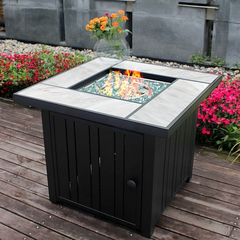 Fire Pit Table Ceramic Tile Top Matte Black Slats Gas Burner