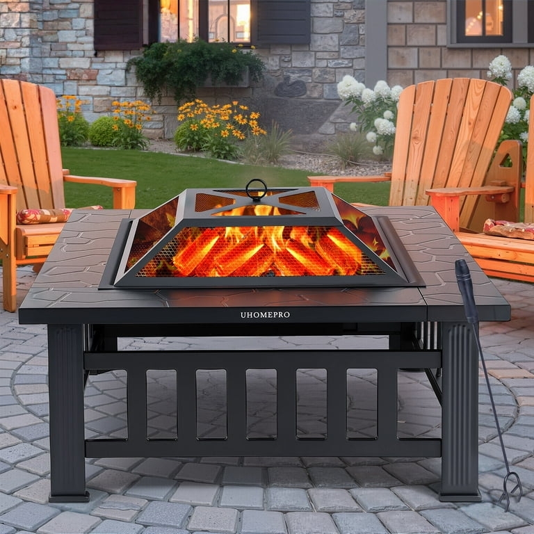 Fire Pit Table Faux Stone Tabletop Slatted Base Mesh Screen Lid