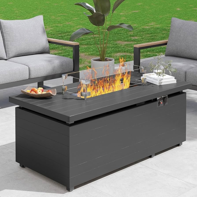 Fire Pit Table Glass Wind Guard Horizontal Paneling Charcoal Gray