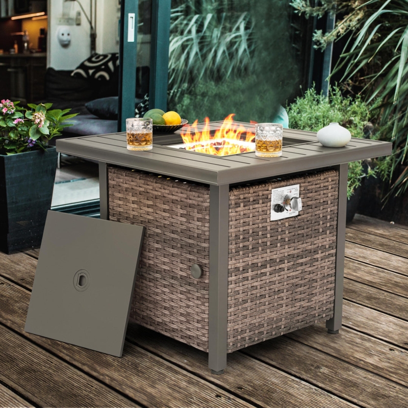 Fire Pit Table Hand Woven Wicker Slatted Metal Top Square