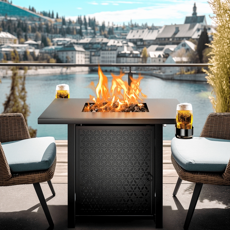 Fire Pit Table Integrated Cup Holders Geometric Door Pattern Square