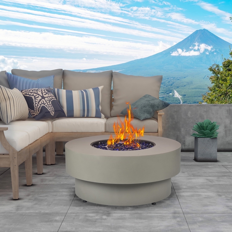 Fire Pit Table Low Profile Tiered Base Blue Glass Rocks Gas