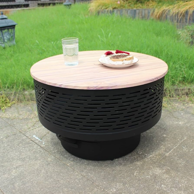 Fire Pit Table Perforated Metal Base Wood Grain Lid Convertible