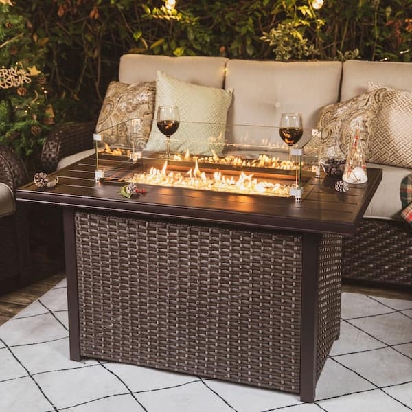 Fire Pit Table Rectangular Gas Burner Woven Base Glass Wind Guard