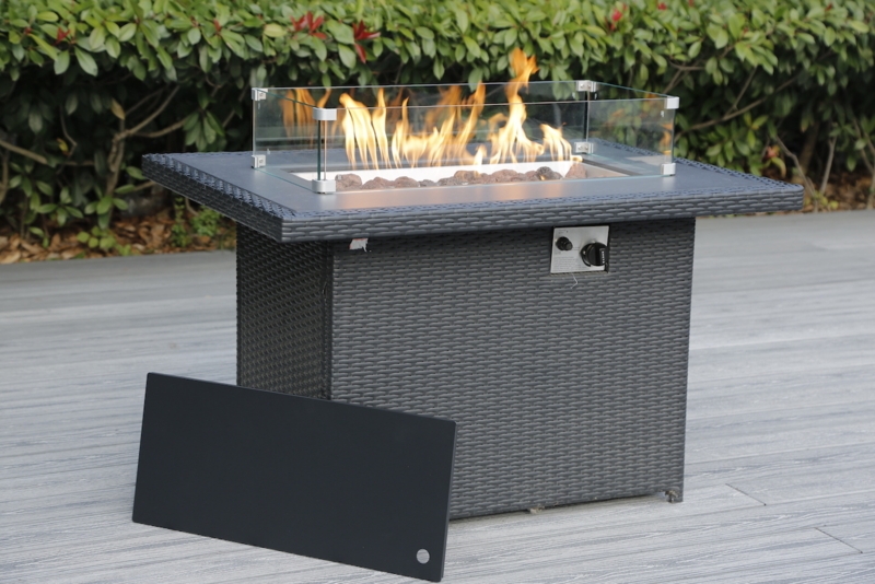 Fire Pit Table Resin Wicker Base Glass Wind Guard Charcoal Grey