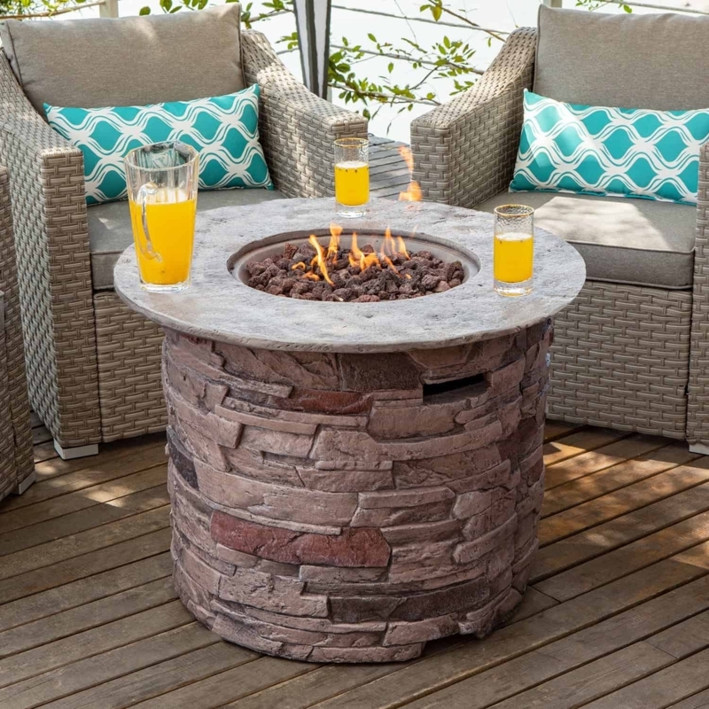 Fire Pit Table Stacked Stone Base Integrated Handle Circular Top