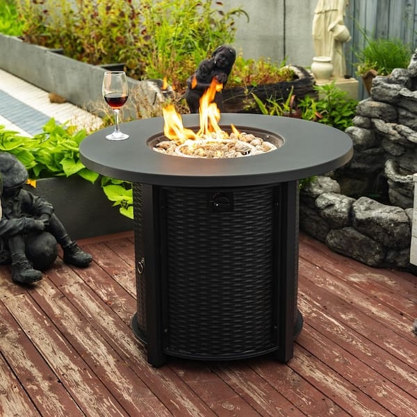 Fire Pit Table Woven Base Lava Rocks Matte Black Top Round