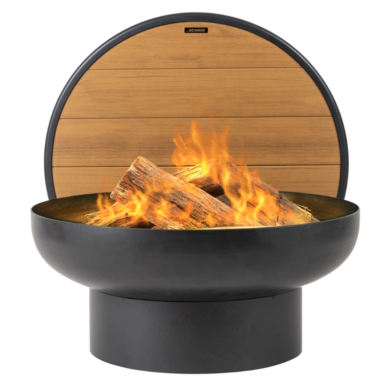 Fire Pit Wood Slat Lid Cylindrical Base Matte Black Finish