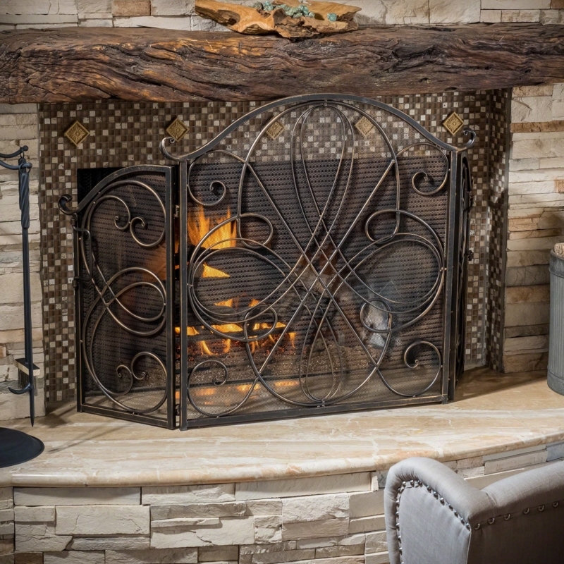 Fireplace Screen Antique Bronze Curved Accents Arched Center Scroll