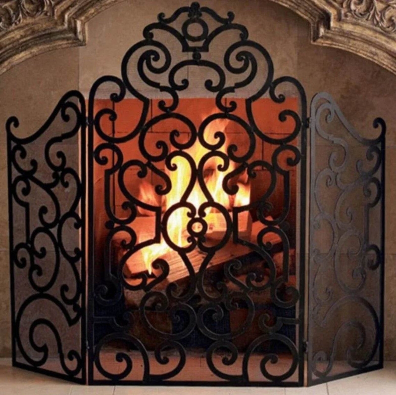 Fireplace Screen Antique Brown Finish 3-Panel Scrollwork Medallion