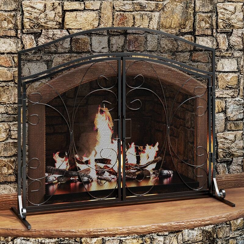 Fireplace Screen Arched Double Doors Scrollwork Stabilizer Feet Mesh