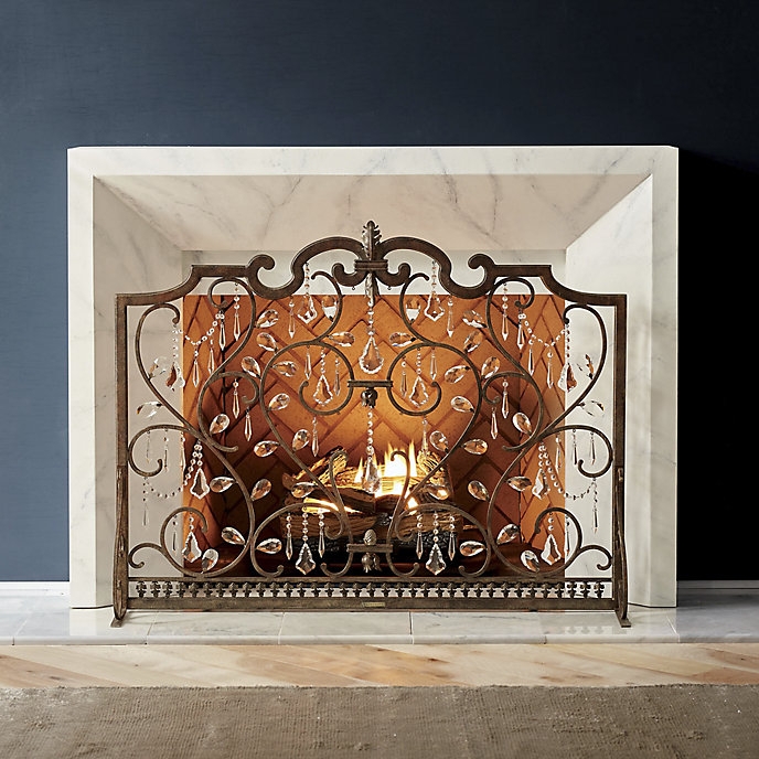 Fireplace Screen Crystal Teardrop Pendants Antique Bronze Scrollwork
