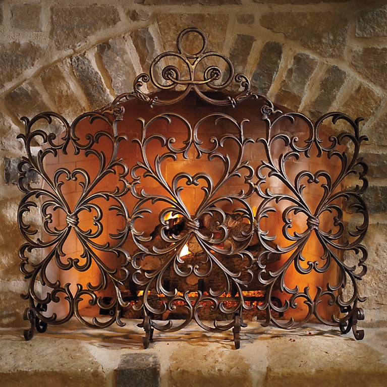 Fireplace Screen Decorative Crest Scrollwork Antique Bronze Footed