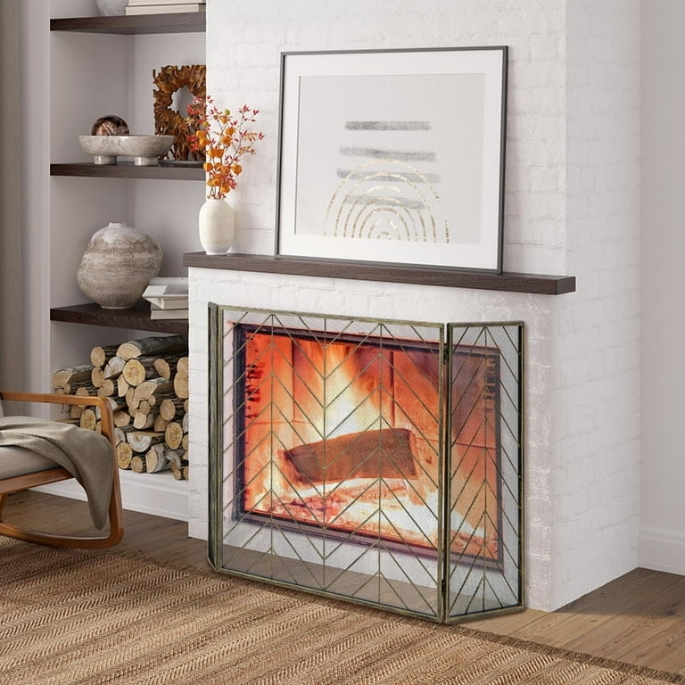 Fireplace Screen Geometric Chevron Pattern Bronze Three Panel Foldable