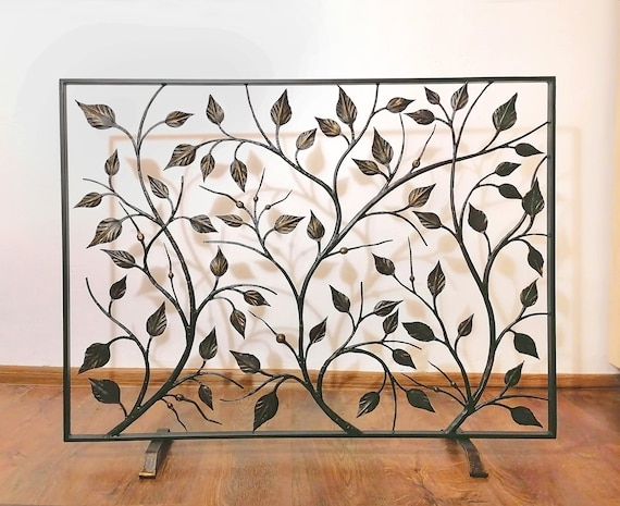 Fireplace Screen Hand Forged Botanical Leaf Motif Antique Bronze