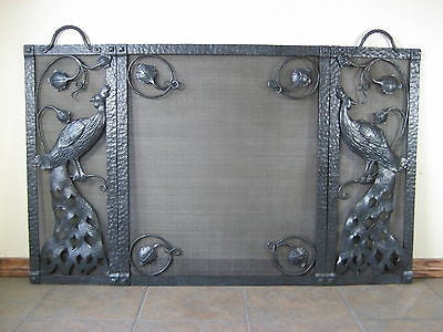 Fireplace Screen Mission Style Peacock Motif Hammered Metal Charcoal