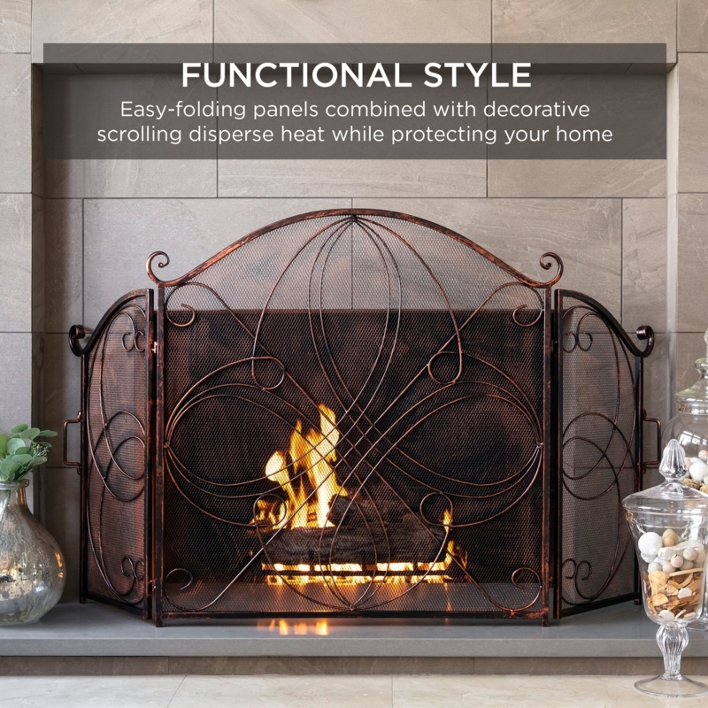 Fireplace Screen Pewter Finish Arched Center Scroll Design 3 Panel