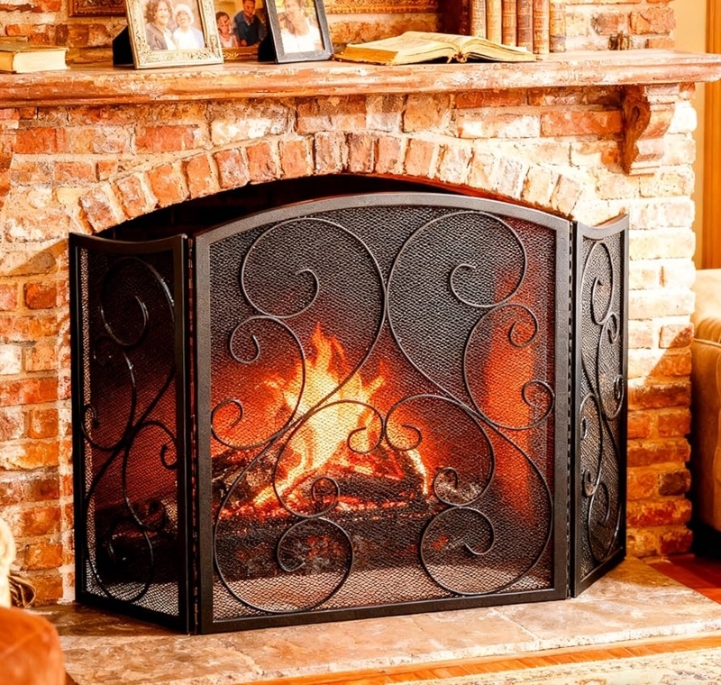 Fireplace Screen Sanded Black Finish 3 Panel Scrollwork Mesh Guard