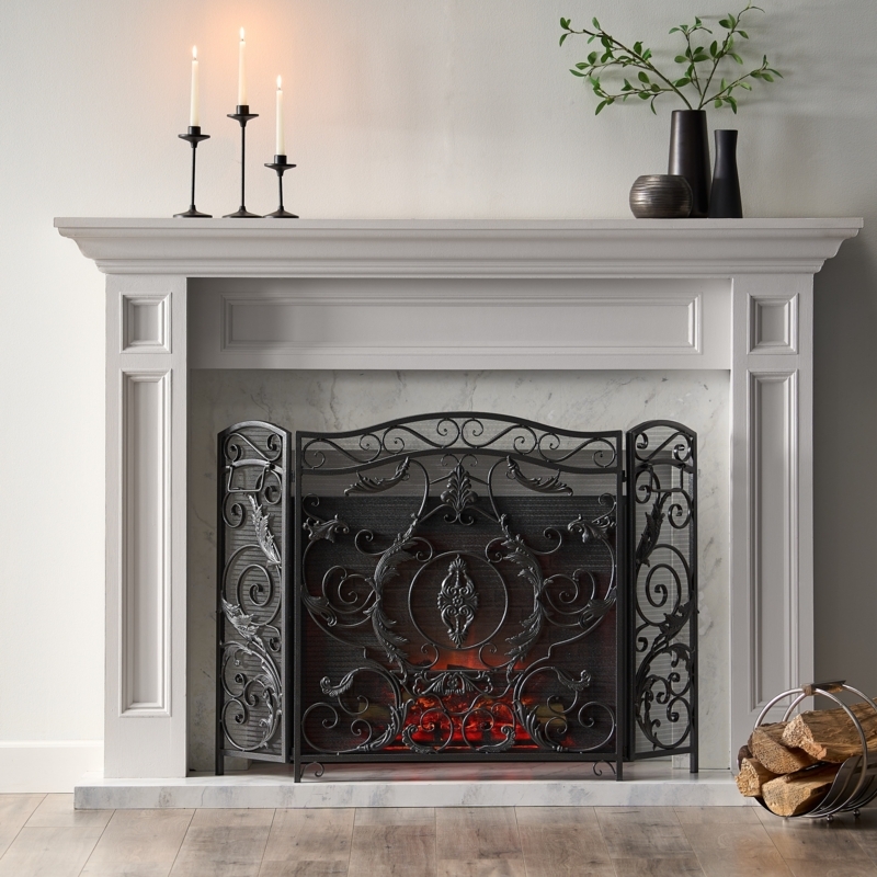 Fireplace Screen Scrollwork Floral Motifs Matte Black Mesh Guard