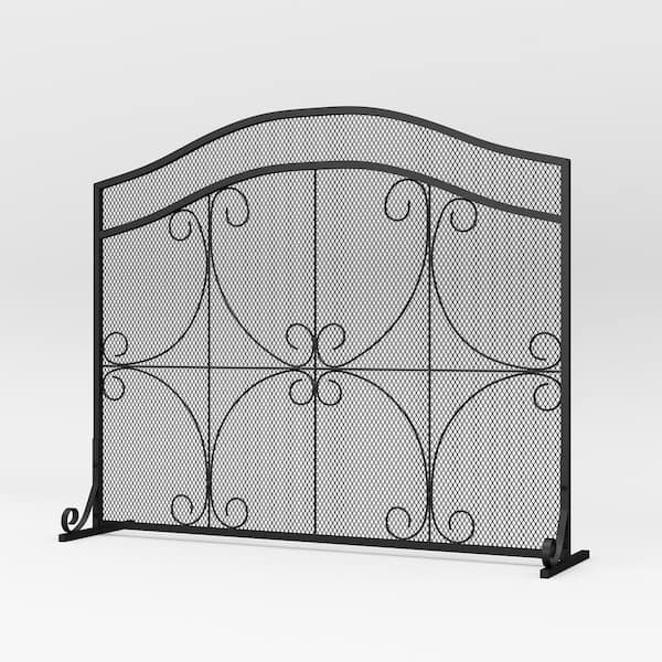 Fireplace Screen Single Panel Free Standing Arched Top Matte Black