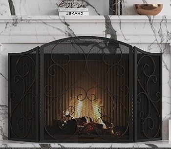 Fireplace Screen Tri-Fold Hinged Scrollwork Filigree Sanded Black