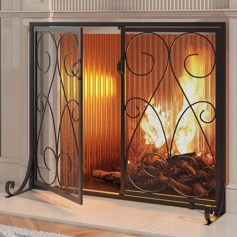 Fireplace Screen Two Panel Cabinet Style Doors Curved Feet Matte Black